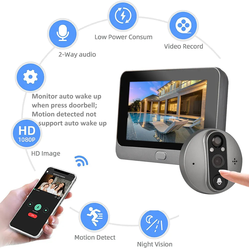 Smart Tuya 1080P WiFi Door Bell Eye Peephole Camera 5000mAh Audio 4.3' PIR FHD Infrared Alexa Google Announcement Digital Viewer