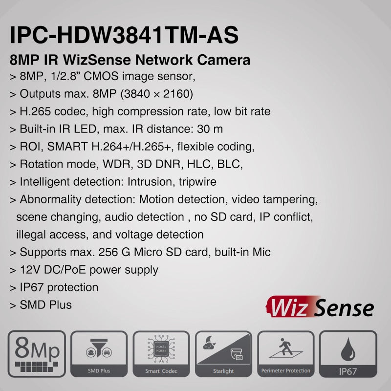 Dahua IPC-HDW3841TM-AS 8MP IR WizSense Neztwerk Kamera  POE IP67 IR 30M AI