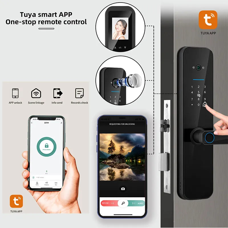 XSDTS Tuya Wifi Digital Electronic Smart Door Lock With Biometric Camera Fingerprint Smart Card Password Key Unlock
