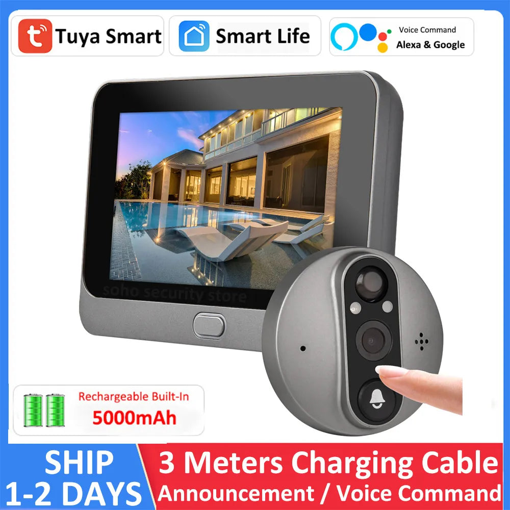 Smart Tuya 1080P WiFi Door Bell Eye Peephole Camera 5000mAh Audio 4.3' PIR FHD Infrared Alexa Google Announcement Digital Viewer