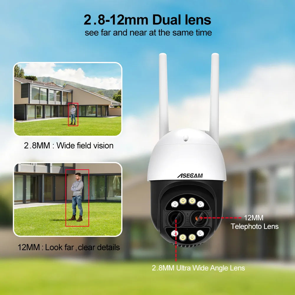 Asecam 8MP Doppelobjektiv 2,8 mm -12 mm 8X Zoom 4K PTZ WiFi IP-Kamera für den Außenbereich