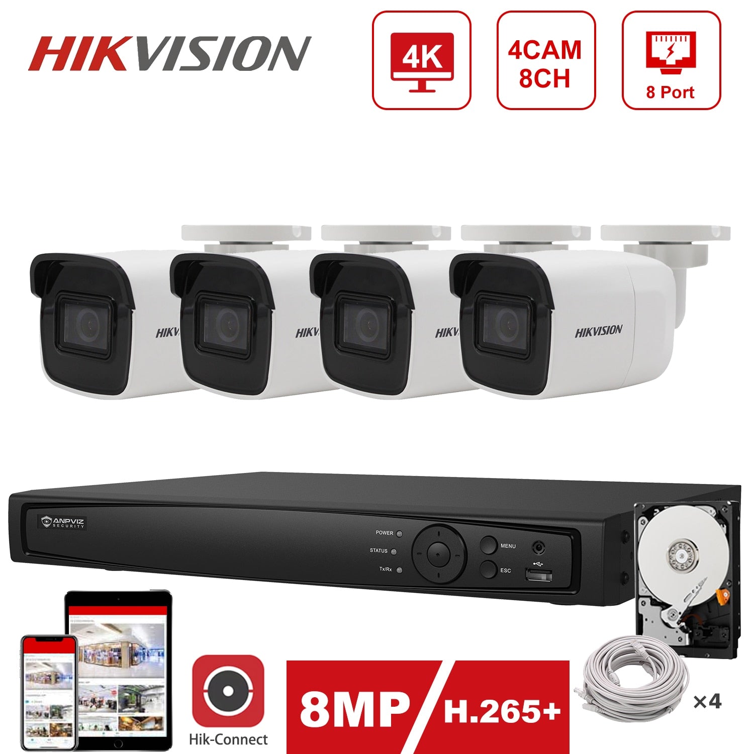 Hikvision IP Security System 4K 8CH POE NVR 4pcs Hikvision 8MP IP Camera DS-2CD2085G1-I Indoor/Outdoor Hik-Connect Plug and Play