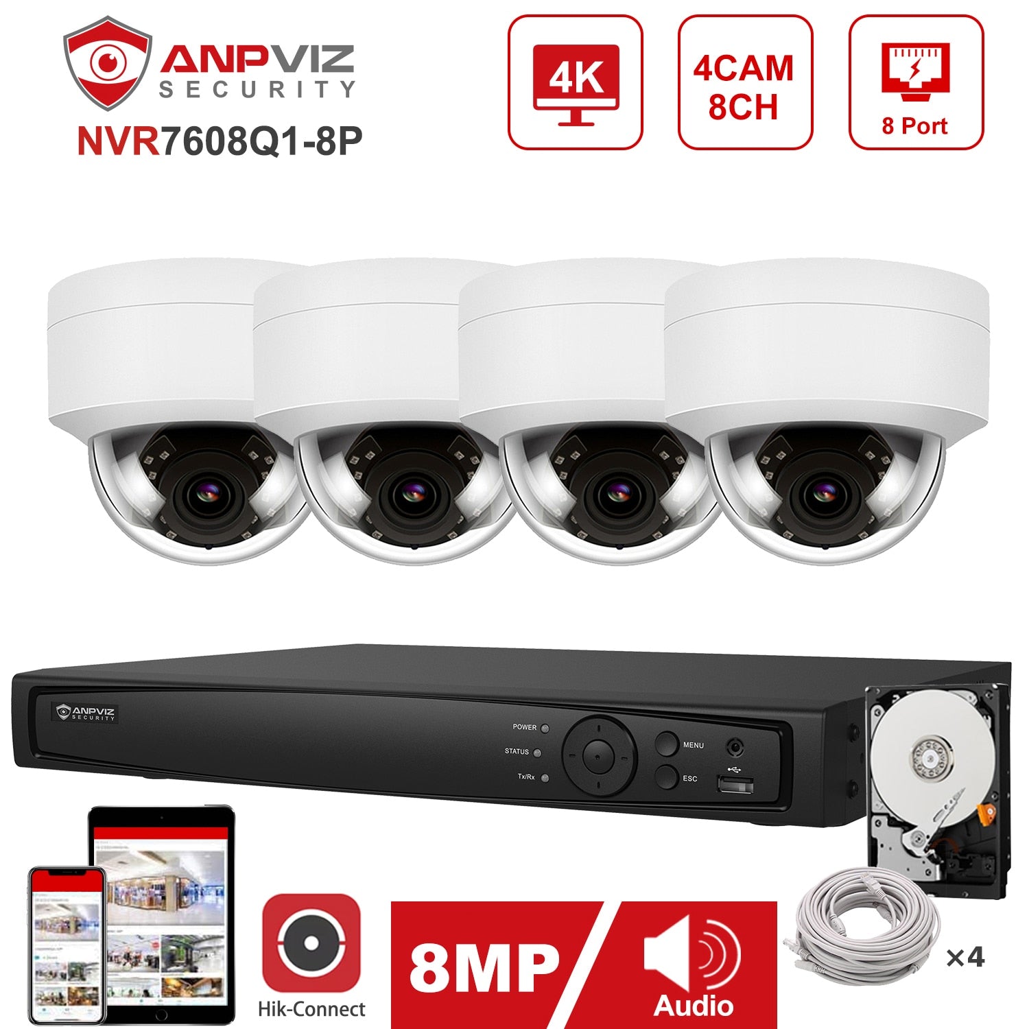 ANPVIZ OEM 8CH 4K NVR Kit 8MP POE IP Sicherheitssystem 4K IP Kamera Outdoor Sicherheit IP66 Plug & Play 2.8mm Objektiv P2P Ansicht