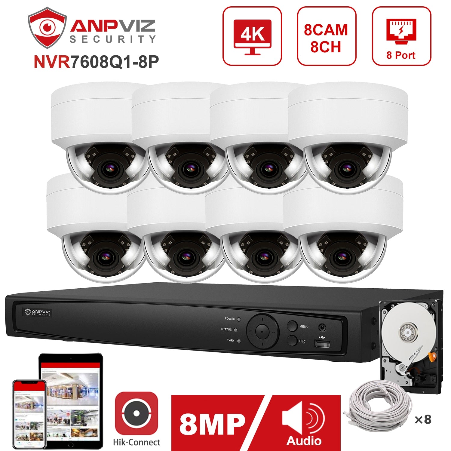 ANPVIZ OEM 8CH 4K NVR Kit 8MP POE IP Sicherheitssystem 4K IP Kamera Outdoor Sicherheit IP66 Plug & Play 2.8mm Objektiv P2P Ansicht