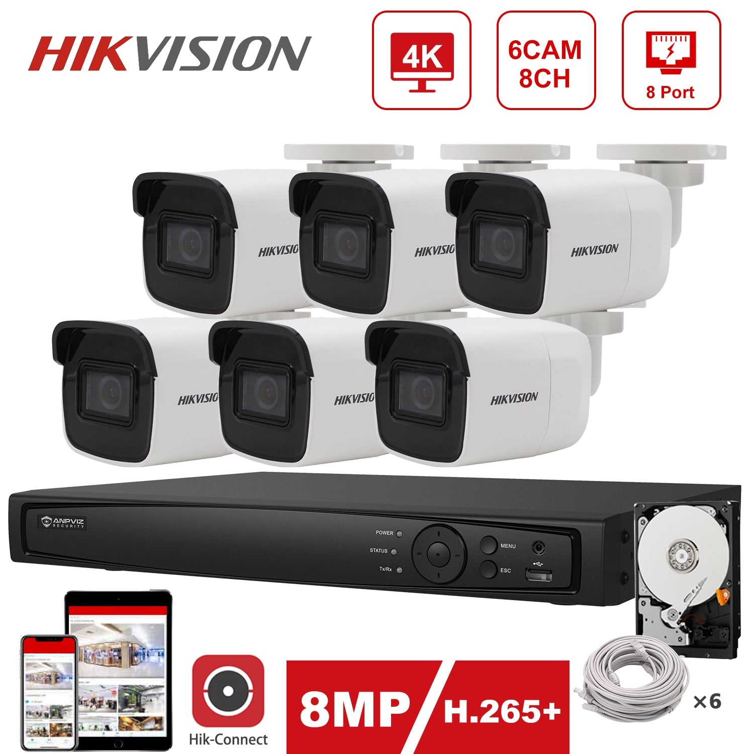 Hikvision IP Security System 4K 8CH POE NVR 4pcs Hikvision 8MP IP Camera DS-2CD2085G1-I Indoor/Outdoor Hik-Connect Plug and Play