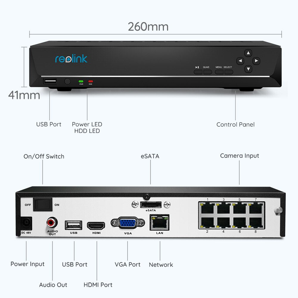 Reolink 8ch NVR 4K/12MP Menschen-/Autodetektion  für Reolink 4MP/5MP IP Kamera 24/7 Aufzeichnung H.265 Videorekorder 2TB HDD RLN8-410