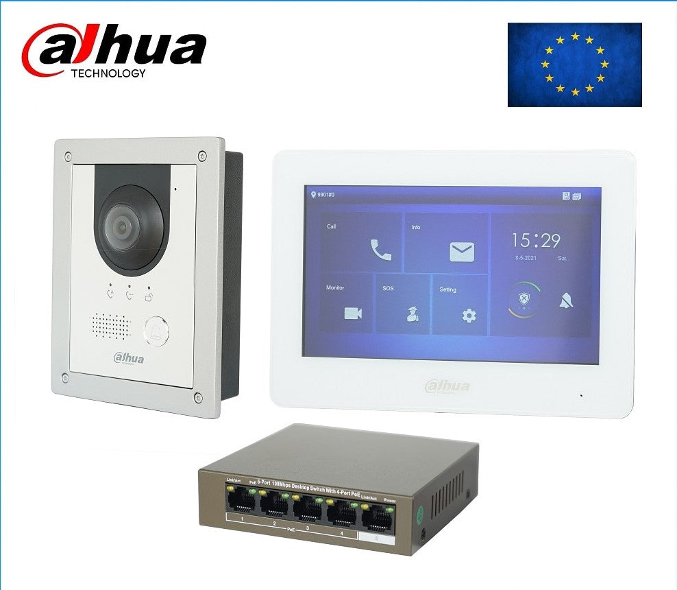 Dahua Multi-Language IP Video Intercom KIT,VTO2201F-P &amp; VTH5421HW /VTH5421HB &amp; PoE Switch,unterstützt SIP, ersetzt VTO2202F-P-S2